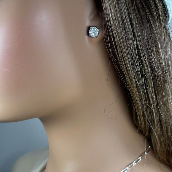 #40 White Gold/ 925 Round Diamond Micro Pave Stud Earrings - Picture 4 of 5